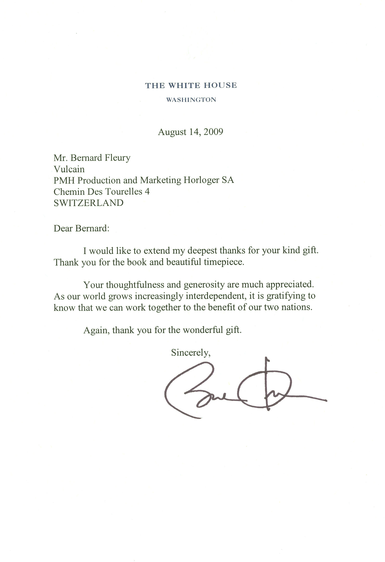 Vulcain Barack Obama White House Letter