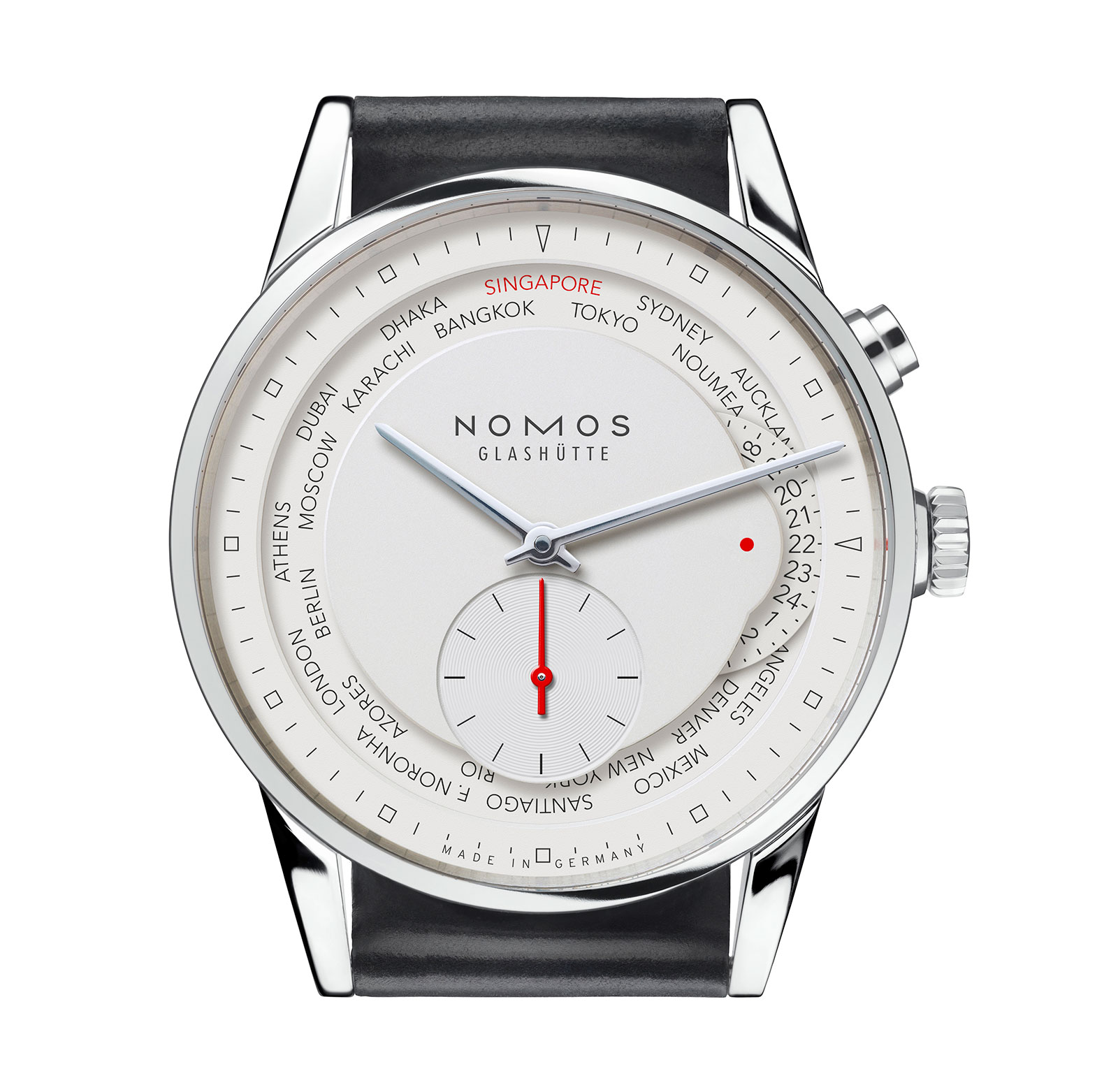 Nomos Zurich World Time Singapore edition white dial