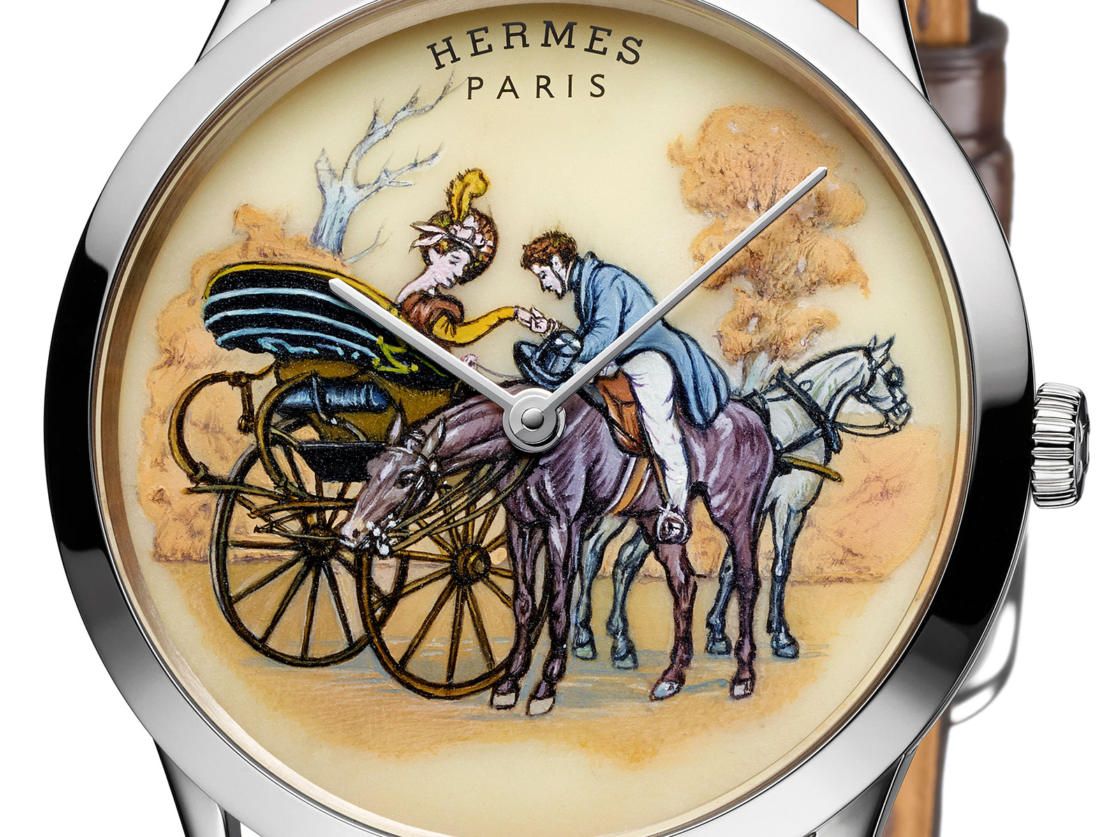 Hermès unveils hand-painted porcelain dial in arceau harnais français watch