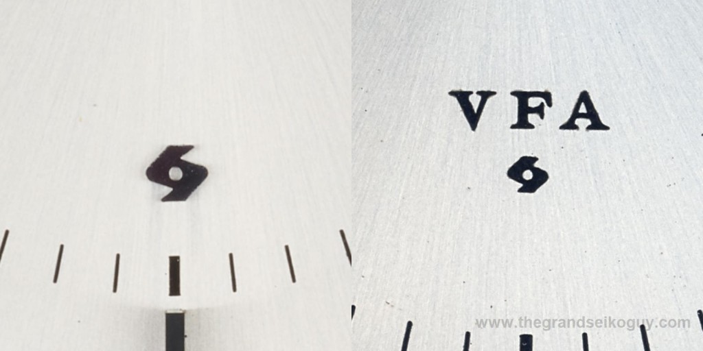 Grand Seiko 6185 030 versions - applied Suwa Seikosha logo on the 6185A calibre (left) and printed VFA and Suwa Seikosha logo on the 6185B calibre (right)