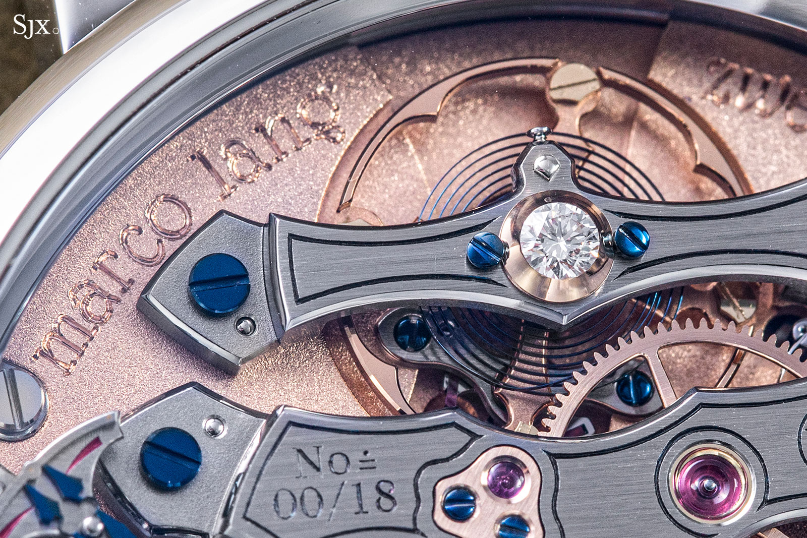 The decorative diamond endstone on the pivot jewel for the balance, a detail that was inspired by 19th century pocket watches 