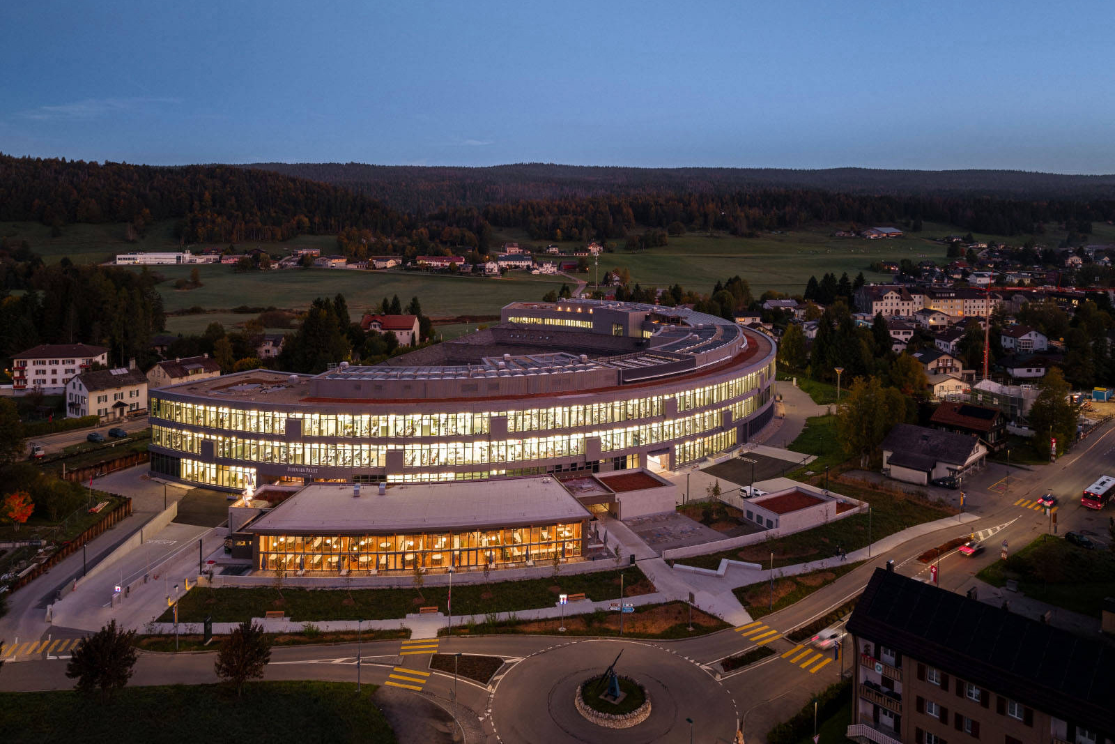 The building has three stories above ground and a basement for the heaviest equipment.